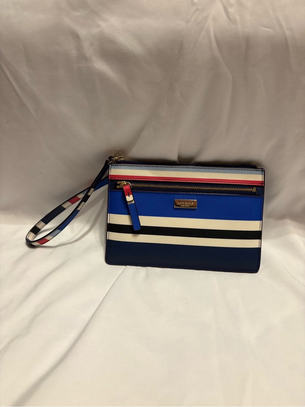 kate spade Blue, White & Black Striped Wristlet with Red Accent